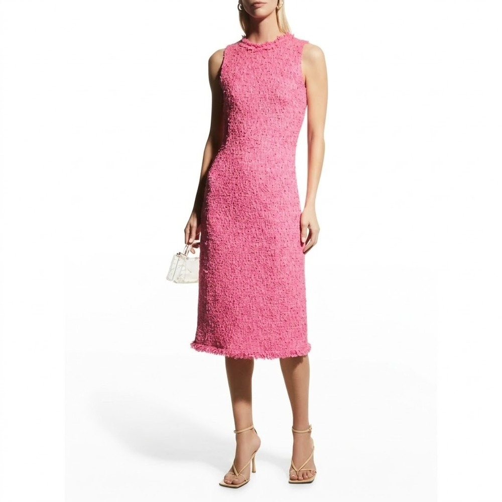 Oscar de la Renta Braided Tweed Midi Dress Sz 6 Pink Wool Blend Silk Lined